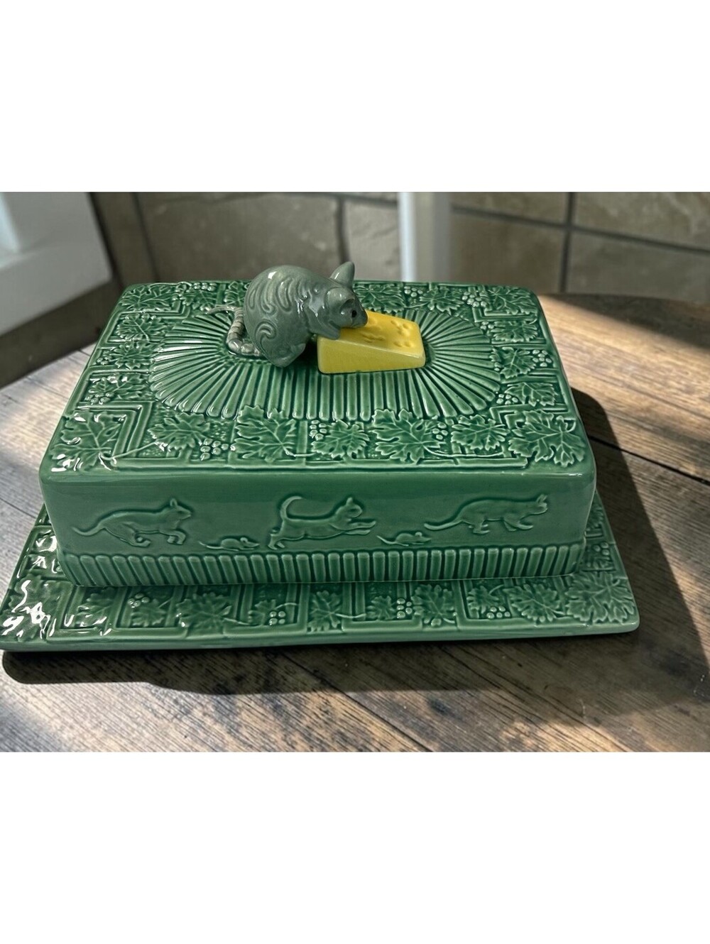Vintage Bordallo Pinheiro Green Ceramic Cat & Mouse Cheese Tray with Lid